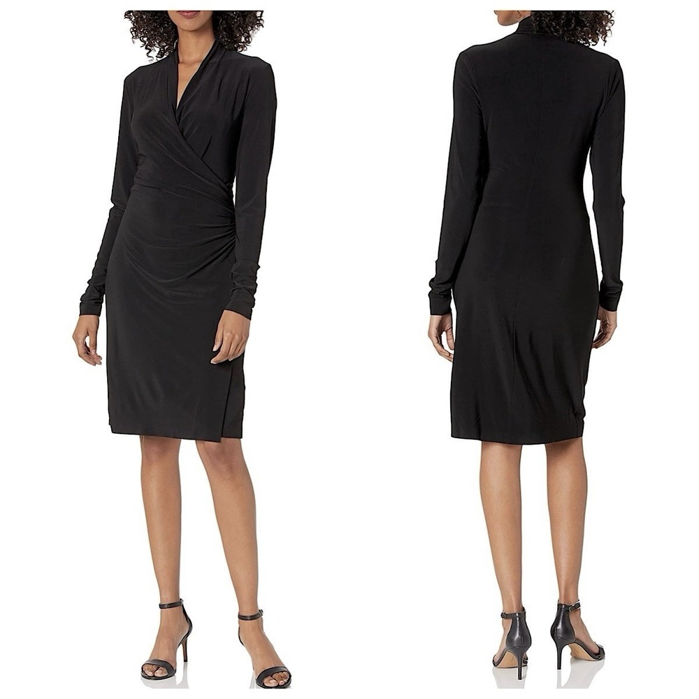 Norma Kamali Faux Wrap V-Neck Dress‎ Sz M Black Long Sleeve Stretch